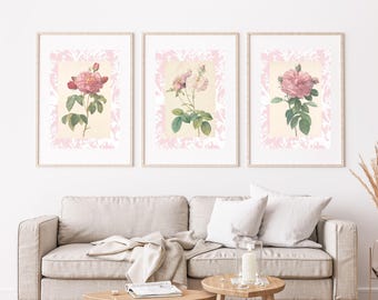 Różowe, chinoiserie, róże: sztuka botaniczna w stylu vintage, zestaw 3 sztuk (do pobrania w wersji cyfrowej)