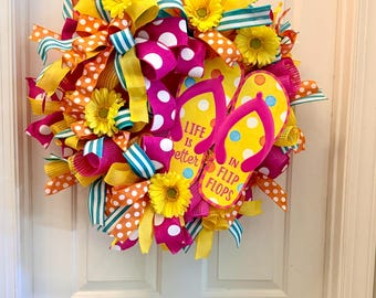 Handmade Summer Flip Flop Wreath, Tropical Beach House Door Decor