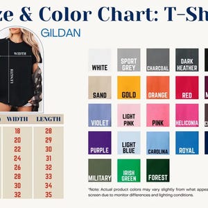 May include: A Gildan T-shirt size and color chart featuring a black T-shirt graphic with width and length measurement lines. A table lists sizes S through 5XL with corresponding dimensions in inches. Twenty color swatches are labeled with names.