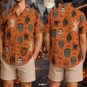 May include: A short-sleeve button-down shirt in orange featuring an all-over print of Halloween-themed illustrations including ghosts, pumpkins, black cats, witches, vampires, and green-skinned monsters, paired with beige shorts.