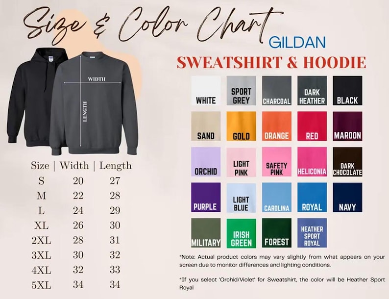 May include: A Gildan size and color chart for sweatshirts and hoodies. The image displays a black hoodie and a dark grey crewneck sweatshirt with width and length measurement lines. A table lists sizes S through 5XL with corresponding measurements in inches. A grid shows 25 color swatches with labels including white, sport grey, charcoal, dark heather, black, sand, gold, orange, red, maroon, orchid, light pink, safety pink, heliconia, dark chocolate, purple, light blue, carolina, royal, navy, military, irish green, forest, and heather sport royal.
