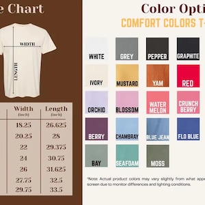 May include: A Comfort Colors t-shirt size chart and color options guide. The chart displays width and length measurements in inches for sizes S through 4XL. A grid shows twenty-three color swatches with labels including white, black, red, and navy.