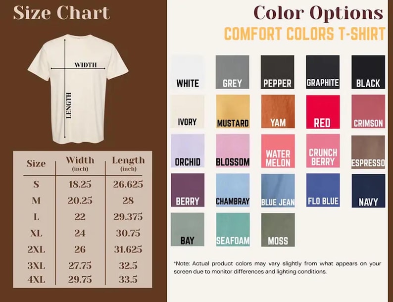 May include: A Comfort Colors t-shirt size chart and color options guide. The chart displays width and length measurements in inches for sizes S through 4XL. A grid shows twenty-three color swatches with labels including white, black, red, and navy.