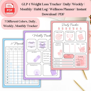 May include: A digital PDF weight loss tracker with daily, weekly, and monthly templates. The planner includes habit logs and wellness sections. The image shows a pink, purple, and blue design with the text "Daily Tracker" and "Weekly Tracker".