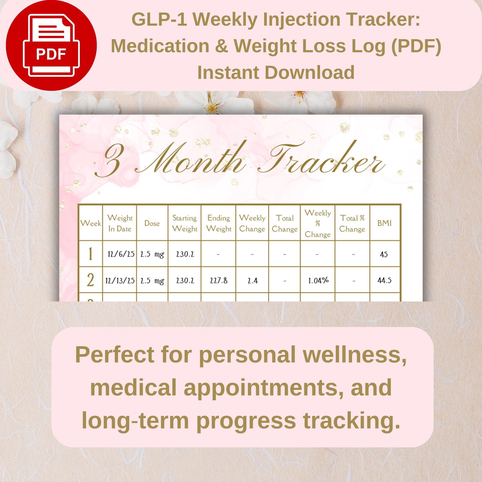 GLP-1 Weekly Injection Tracker: Medication & Weight Loss Log (PDF ...