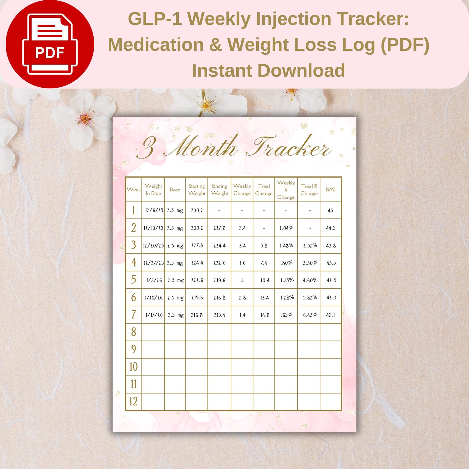 Weekly Injector GLP-1 Weekly Injection Tracker: Medication & Weight Loss Log (PDF ...
