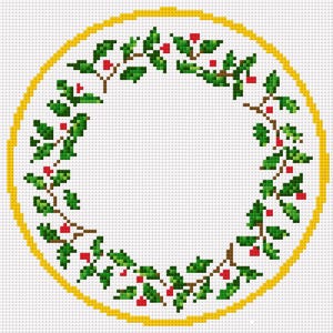 Könnte beinhalten: Kreuzstichmuster eines Weihnachtskranzes. Der Kranz zeigt grüne Blätter, rote Beeren und braune Stiele, die kreisförmig angeordnet sind. Der Kranz ist vor einem weißen Hintergrund und von einem gelben Rand umgeben.