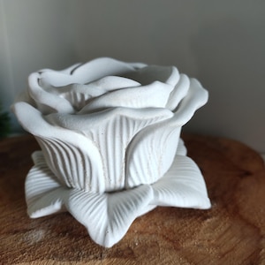 Peut inclure: Un récipient blanc en forme de rose sculptée. Le récipient est fait d'un matériau texturé et présente des motifs détaillés de pétales et de feuilles. Le centre ouvert suggère qu'il pourrait être utilisé comme petit pot ou objet décoratif. La rose est posée sur une surface en bois.