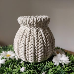 Peut inclure: Un vase crème avec un motif texturé en tricot. Le vase est rond avec une base large et une ouverture plus étroite. Il est entouré d'herbe verte artificielle et de fleurs de marguerite blanches.