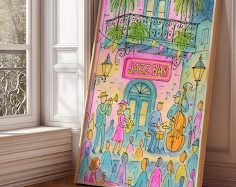 New Orleans Druckkunst, New Orleans Poster, New Orleans Wandkunst, Jazz Wandkunst, Buntes Dekor, Buntes Poster, Ästhetischer Wanddruck