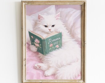 Póster de libro y gato, póster de gato rosa, arte mural de gatos, impresión rosa preppy, póster de lectura, arte mural de libros, regalo para amantes de los libros, impresión estética