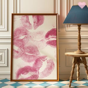 Poster con segni di bacio, arte murale con baci, poster con rossetto, poster femminile, poster preppy rosa, arte murale femminile, arte murale preppy, poster estetico