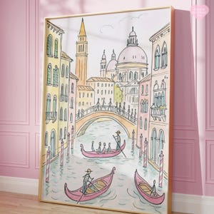 Stampe artistiche di Venezia, poster di Venezia, arte murale italiana, arte murale di Venezia, arte murale femminile, arredamento per camerette femminili, poster rosa, stampa murale estetica