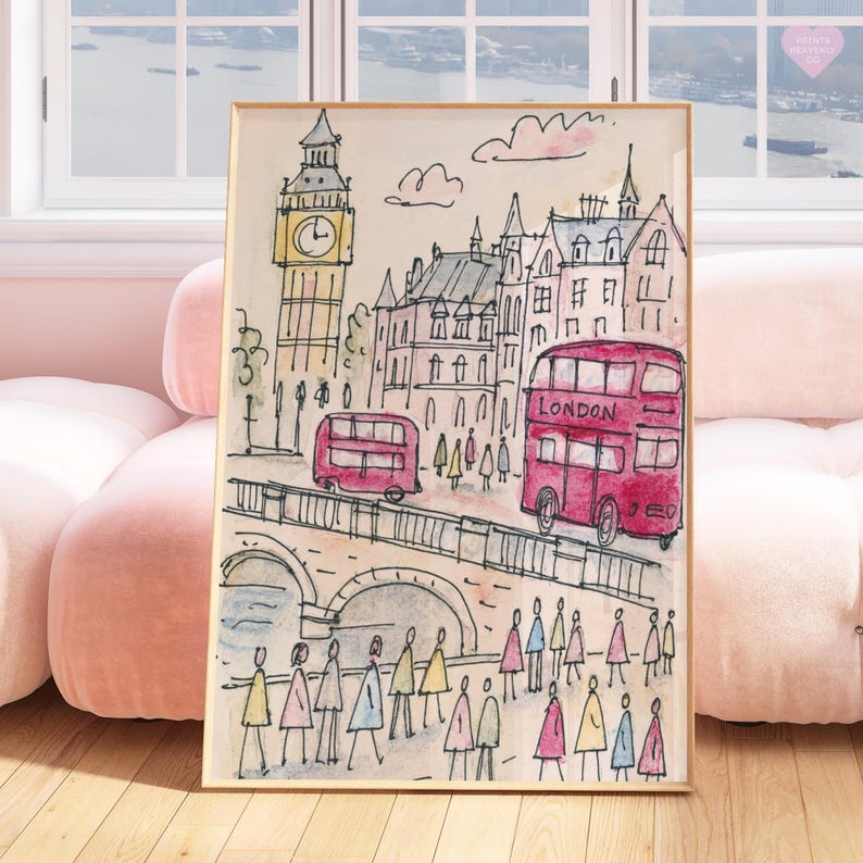 May include: Watercolor illustration of London featuring Big Ben, red double-decker buses, and a bridge with pedestrians. The artwork has a sketched style with soft colors and a framed presentation.
