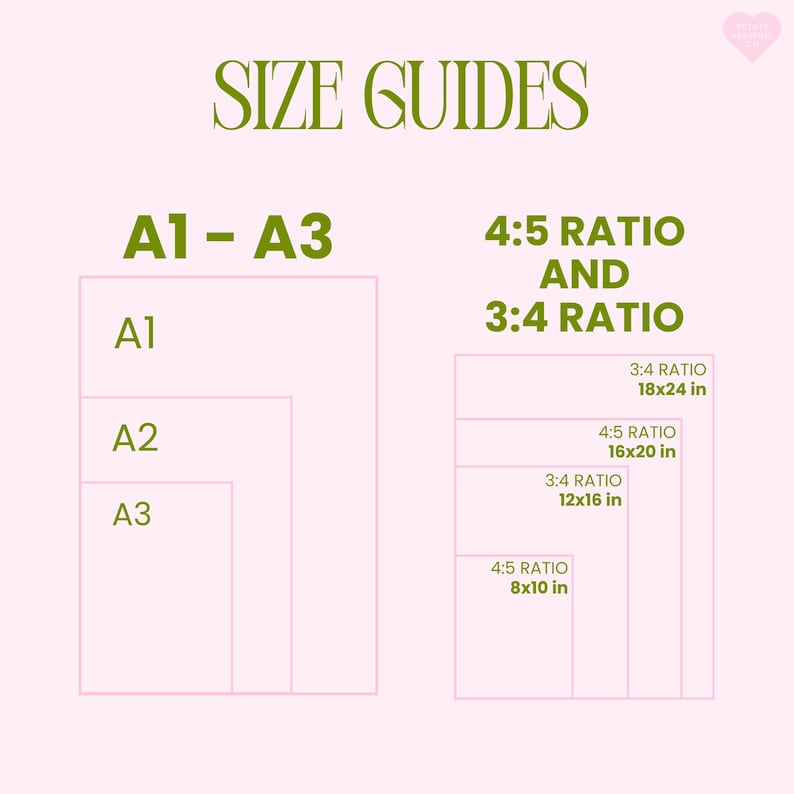 Pu&ograve; includere: Una guida alle taglie rosa e verde con il testo "SIZE GUIDES". La guida mostra le taglie A1-A3 e i formati 4:5 e 3:4, inclusi 45,7x61 cm, 40,6x50,8 cm, 30,5x40,6 cm e 20,3x25,4 cm.