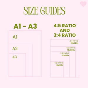May include: A pink and green size guide chart with the text "SIZE GUIDES". The chart shows A1, A2, and A3 paper sizes, and 4:5 and 3:4 ratio sizes, including 8x10 in, 12x16 in, 16x20 in, and 18x24 in.