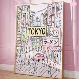 May include: A framed art print depicting a street scene in Tokyo. The artwork features a pink car, pedestrians, and buildings with Japanese text. The word "TOKYO" is prominently displayed on a yellow sign. A cat illustration is also visible.
