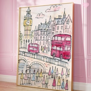 May include: Watercolor painting of London landmarks, including Big Ben and red double-decker buses. The artwork features a bridge, buildings, and stylized figures, all framed in a gold-colored border. The word "LONDON" is visible on the bus.