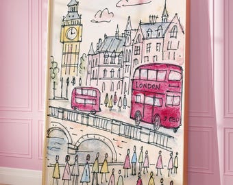 Preppy London Print Poster, London Poster, London Wall Art, Pink Girly Poster, Pink Poster, Aesthetic Poster, Pink Wall Art, London Gift