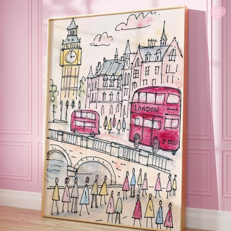 May include: Watercolor painting of London landmarks, including Big Ben and red double-decker buses. The artwork features a bridge, buildings, and stylized figures, all framed in a gold-colored border. The word "LONDON" is visible on the bus.
