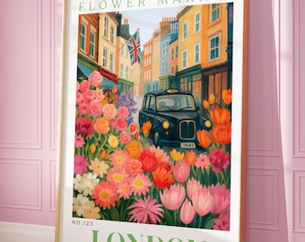 Póster con estampado floral de Londres, póster de Londres, arte mural de Londres, póster preppy, estampado floral, estampado moderno, arte mural floral, póster botánico