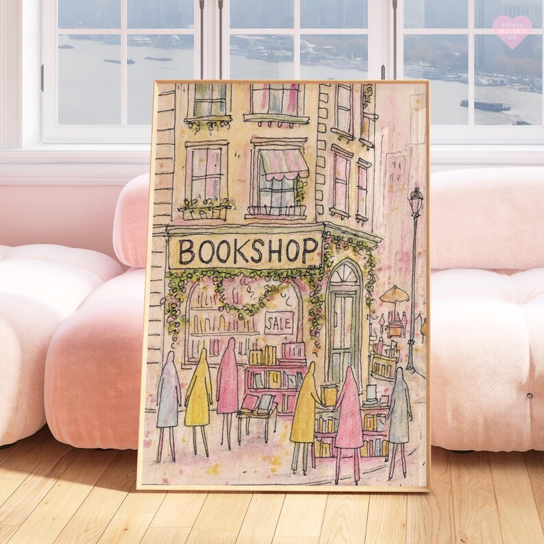 May include: Watercolor print of a quaint bookshop with the word "BOOKSHOP" above the entrance. The artwork features figures in yellow, pink, and gray coats, browsing books displayed outside. The color palette includes soft pinks, yellows, and greens.