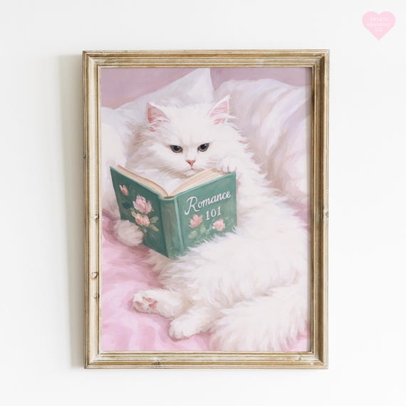 Book And Cat Poster Print, Pink Cat Poster, Cat Wall Art, Preppy Pink Print, Reading Poster, Book Wall Art, Book Lover Gift, Aesthetic Print