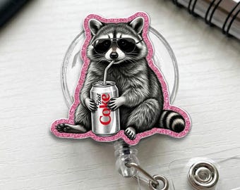 Raccon Diet Coke Badge Reel, Nurse ID Holder, Meme Retractable Clip