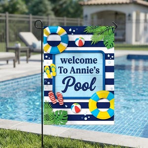 Anpassad poolflagga, personlig välkomstskylt till poolen, sommarträdgårdsdekor, inflyttningspresent utomhus, strandhusbanderoll
