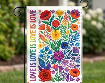 Love Is Love Garden Flag, Rainbow Floral LGBT Pride Yard Banner, Outdoor Decor