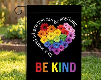 Be Kind Garden Flag, Rainbow Heart Wildflower Yard Banner, Outdoor Floral Decor