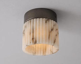 Modern Alabaster Flush Mount Ceiling Light, Polished Chrome Marble Texture Shade Brass Ceiling Light t for Living Room & Bedroom