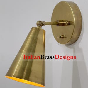 Mid Century Modern Brass Wall Sconce | Adjustable Cone Shade Wall Light With Switch | Vintage Industrial Style Indoor Lighting