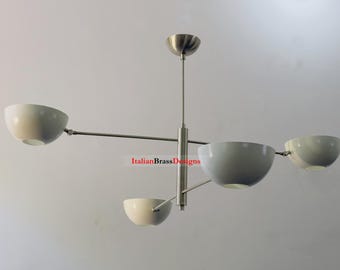 Lámpara colgante curva de 4 luces estilo Sputnik de latón crudo de mediados de siglo