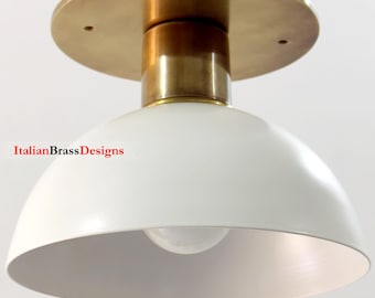 1 Light Modern Raw Brass Flush Mount Light  | Small Dome Ceiling Light Fixture | White and Brass Vanity Light for Kitchen, Bathroom