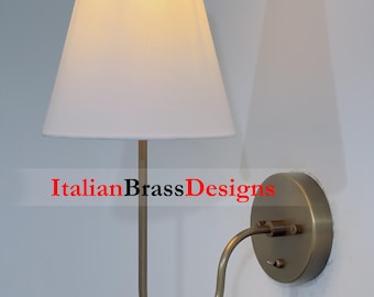 Mid Century Modern Brass Wall Sconce With White Fabric Shade | Vintage Inspired Wall Light Fixture for Bedroom, Living Room, or Hallway