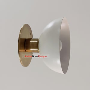 Mid-Century Brass Flush Mount Light: Satin White Dome Ceiling Fixture