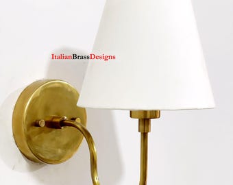 Aged Brass Wall Sconce With Fabric Lampshade | Vintage Home Wall Lamp | Minimalist Bedside Wall Lighting | Curved Arm Modern Wall Sconce