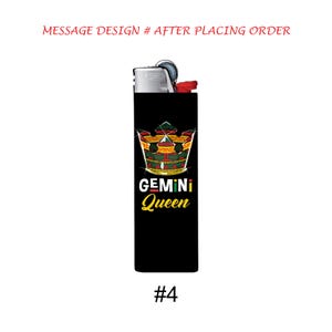 May include: Black lighter with a colorful crown design and the words "GEMINI Queen" in white and yellow. The lighter has a silver top and a red ignition button. The number "#4" is at the bottom.