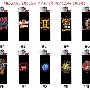 May include: A collection of ten black lighters with various Gemini-themed designs. The lighters feature text and graphics, including phrases like "Big Gemini Energy" and "Gemini Vibes," along with zodiac symbols and illustrations.