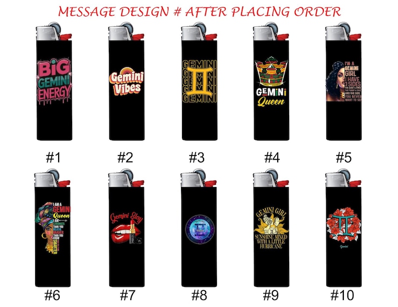 May include: A collection of ten black lighters with various Gemini-themed designs. The lighters feature text and graphics, including phrases like "Big Gemini Energy" and "Gemini Vibes," along with zodiac symbols and illustrations.