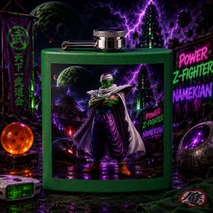 May include: A green metal flask featuring a graphic of the character Piccolo from Dragon Ball Z, standing with arms crossed in a purple and white outfit against a dark, neon-lit background with the text Power Z-Fighter Namekian printed on it.