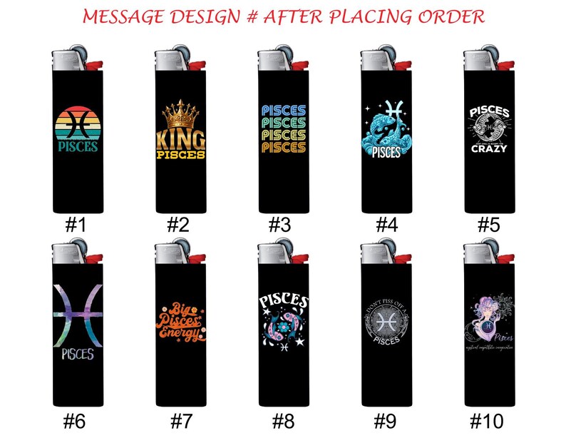 Pu&ograve; includere: Una collezione di dieci accendini neri, ognuno con un design unico a tema Pesci. I disegni includono un tramonto con il simbolo dei Pesci, una corona con "King Pisces" e varie rappresentazioni artistiche del segno zodiacale.