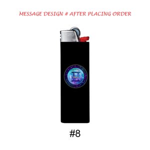 May include: Black lighter with a circular design featuring the Gemini zodiac symbol, a blue and purple galaxy background, and the word "Mercury". The text "MESSAGE DESIGN # AFTER PLACING ORDER" is at the top. The number "#8" is at the bottom.