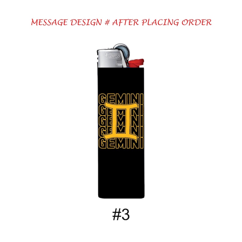 May include: Black lighter with the word "GEMINI" stacked vertically in gold lettering, with the Gemini zodiac symbol in the center. The number "#3" is printed at the bottom.