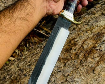 Handmade Carbon Steel Bowie Knife: Leather & Wood Handle, Bushcraft Hunting