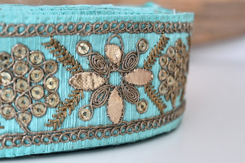 Turquoise and Gold sequin embroidered Fabric Trim Gota Sari trim with sequins Indian laces and Trims