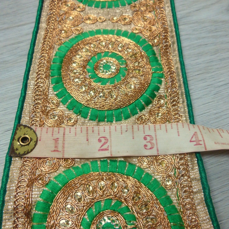Green and gold circles Embroidered Gold work fabric trim Etsy