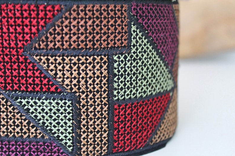 Muted Red,Purple,Brown Geometric Cross stitch Embroidered Fabric Trim Geometric Trim Cross stitch Embroidery Indian laces and Trims