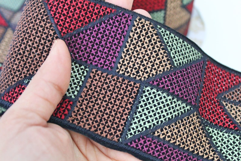 Muted Red,Purple,Brown Geometric Cross stitch Embroidered Fabric Trim Geometric Trim Cross stitch Embroidery Indian laces and Trims